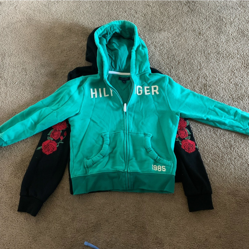 2 ZipUp Jackets. One Custom With Roses On The Sides. One Hilfiger ZipUp Jacket